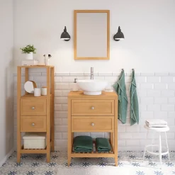 Meuble sous vasque à poser 2 tiroirs 1 niche placage chêne l.60 cm + plan de toilette placage chêne, GoodHome Perma