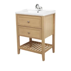 Meuble sous vasque à poser 2 tiroirs 1 niche placage chêne l.60 cm Perma + plan vasque blanc Lana, GoodHome
