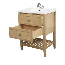 Meuble sous vasque à poser 2 tiroirs 1 niche placage chêne l.60 cm Perma + plan vasque blanc Lana, GoodHome
