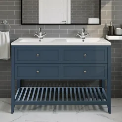Meuble sous vasque à poser 4 tiroirs 1 niche bleu mat l.120 cm Perma + plan double vasque Nira, GoodHome