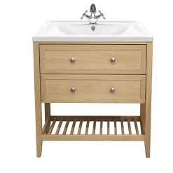Meuble sous vasque à poser 2 tiroirs placage chêne l.80 x H.80,6 x P.45 cm, GoodHome Perma