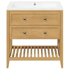 Meuble sous vasque à poser 2 tiroirs placage chêne l.80 x H.80,6 x P.45 cm, GoodHome Perma