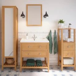 Meuble sous vasque à poser 2 tiroirs 1 niche placage chêne l.80 cm Perma + plan vasque blanc Lana, GoodHome