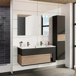 Meuble sous vasque à suspendre Archi noir mat 120 cm + plan vasque en Céramyl® Decotec pour 2 mitigeurs
