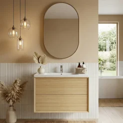 Meuble sous vasque à suspendre GoodHome Avela placage chêne 80 cm + plan vasque Nira