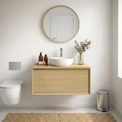 Meuble sous vasque 1 tiroir à suspendre GoodHome Avela placage chêne 60 cm + plan de toilette Avela