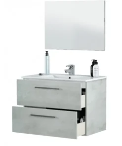 Meuble sous vasque de salle de bain Suspendu 80 cm + miroir coloris béton - Hauteur 57 x Longueur 80 x Profondeur 45 cm