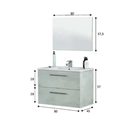 Meuble sous vasque de salle de bain Suspendu 80 cm + miroir coloris béton - Hauteur 57 x Longueur 80 x Profondeur 45 cm