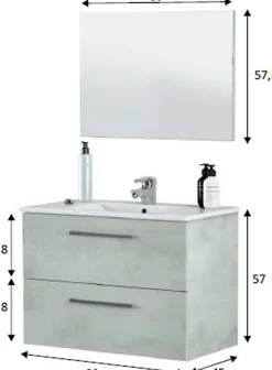 Meuble sous vasque de salle de bain Suspendu 80 cm + miroir coloris béton - Hauteur 57 x Longueur 80 x Profondeur 45 cm