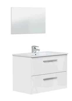 Meuble sous vasque de salle de bain Suspendu 80 cm avec 2 tiroirs + Miroir - Hauteur 57 x Longueur 80 x Profondeur 45 cm
