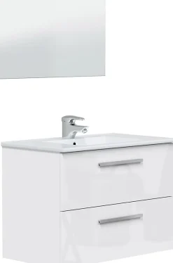 Meuble sous vasque de salle de bain Suspendu 80 cm avec 2 tiroirs + Miroir - Hauteur 57 x Longueur 80 x Profondeur 45 cm