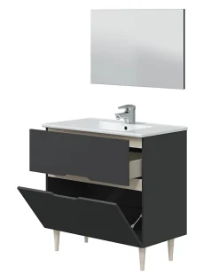 Meuble sous vasque en panneaux de particules mélaminés coloris noir avec miroir - Longueur 80 x Profondeur 45 x Hauteur 80 cm