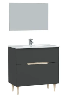 Meuble sous vasque en panneaux de particules mélaminés coloris noir avec miroir - Longueur 80 x Profondeur 45 x Hauteur 80 cm