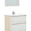 Meuble sous vasque en panneaux de particules mélaminés coloris chêne avec miroir - Longueur 80 x Profondeur 45 x Hauteur 80 cm