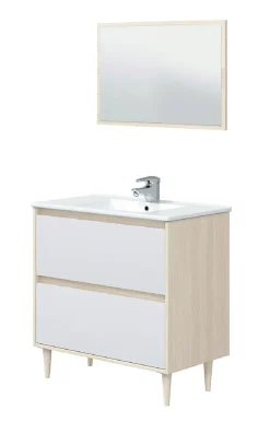Meuble sous vasque en panneaux de particules mélaminés coloris chêne avec miroir - Longueur 80 x Profondeur 45 x Hauteur 80 cm