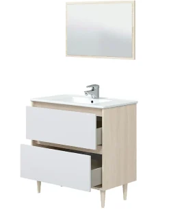 Meuble sous vasque en panneaux de particules mélaminés coloris chêne avec miroir - Longueur 80 x Profondeur 45 x Hauteur 80 cm