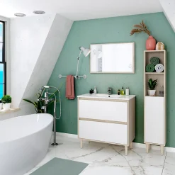 Meuble sous vasque en panneaux de particules mélaminés coloris chêne avec miroir - Longueur 80 x Profondeur 45 x Hauteur 80 cm