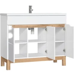 Meuble sous vasque ERMANO Chene clair et blanc brillant 100x84 cm 3 portes À poser