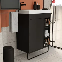 Meuble sous vasque faible profondeur à poser avec porte-serviettes noir l.65 x H.82 x P.36 cm, GoodHome Maza