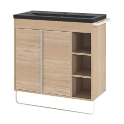 Meuble sous vasque faible profondeur à poser avec porte-serviettes effet bois l.85 x H.82 x P.36 cm, GoodHome Maza
