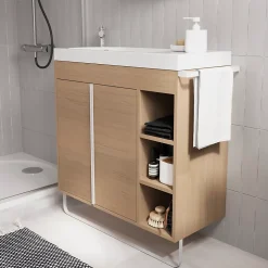 Meuble sous vasque faible profondeur à poser avec porte-serviettes effet bois l.85 x H.82 x P.36 cm, GoodHome Maza