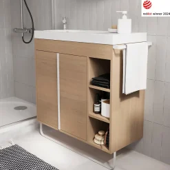 Meuble sous vasque faible profondeur à poser avec porte-serviettes effet bois l.85 x H.82 x P.36 cm, GoodHome Maza