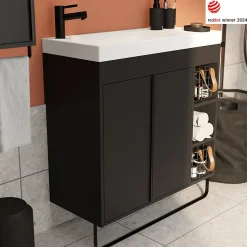 Meuble sous vasque faible profondeur à poser avec porte-serviettes noir l.85 x H.82 x P.36 cm, GoodHome Maza