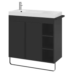 Meuble sous vasque faible profondeur à poser avec porte-serviettes noir l.85 x H.82 x P.36 cm, GoodHome Maza