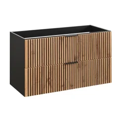 Meuble sous vasque KINOKO 2 tiroirs Finition lattes bois naturel et noir L100 x P46 x H57 cm Meuble suspendu