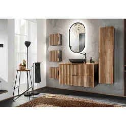 Meuble sous vasque KINOKO 2 tiroirs Finition lattes bois naturel et noir L100 x P46 x H57 cm Meuble suspendu