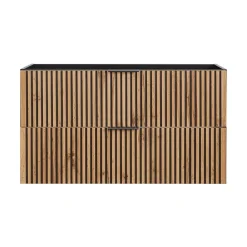 Meuble sous vasque KINOKO 2 tiroirs Finition lattes bois naturel et noir L100 x P46 x H57 cm Meuble suspendu