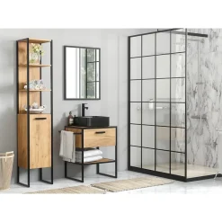 Meuble sous vasque ONIL 2 portes Chene clair et noir Style industriel L70 cm