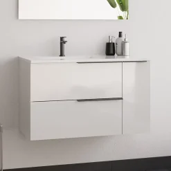 Meuble sous vasque seul, 2 tiroirs et 1 porte, 80cm, vasque déportée à gauche, blanc laqué - KING