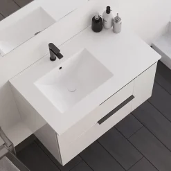 Meuble sous vasque seul, 2 tiroirs et 1 porte, 80cm, vasque déportée à gauche, blanc laqué - KING