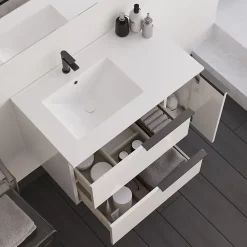 Meuble sous vasque seul, 2 tiroirs et 1 porte, 80cm, vasque déportée à gauche, blanc laqué - KING