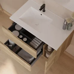 Meuble sous vasque seul, 2 tiroirs et 1 porte, 80cm, vasque déportée gauche - madera miel (bois clair) - ZARZA