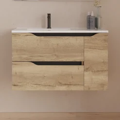 Meuble sous vasque seul, 2 tiroirs et 1 porte, 80cm, vasque déportée gauche - madera miel (bois clair) - ZARZA