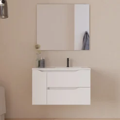 Meuble sous vasque seul, 2 tiroirs et 1 porte, 80cm, vasque déportée droite - blanc mat - ZARZA