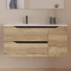 Meuble sous vasque seul, 2 tiroirs et 1 porte, 100cm, vasque déportée gauche - madera miel (bois clair) - ZARZA