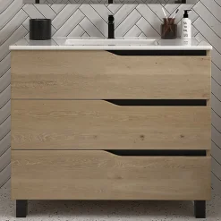 Meuble sous vasque seul, 3 tiroirs, 70cm, simple vasque - madera miel (chêne clair) - MATA