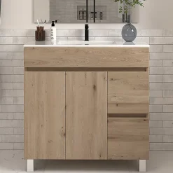 Meuble sous vasque seul, 2 tiroirs et 2 portes, 70cm, simple vasque - cambrian (chêne clair) - HARO