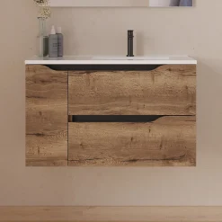 Meuble sous vasque seul, 2 tiroirs et 1 porte, 80cm, vasque déportée droite - tabaco (bois foncé) - ZARZA