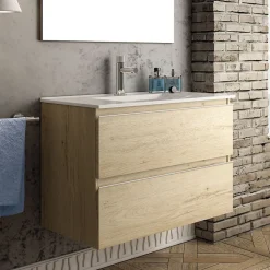 Meuble sous vasque seul, 2 tiroirs, 60cm, simple vasque - bambou (chêne clair) - BALEA