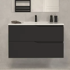 Meuble sous vasque seul, 2 tiroirs, 90cm, simple vasque - noir - LUNA