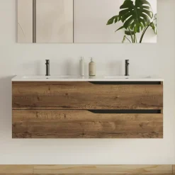 Meuble sous vasque seul, 2 tiroirs, 120cm, double vasque - tabaco (chêne foncé) - LUNA