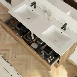 Meuble sous vasque seul, 2 tiroirs, 120cm, double vasque - tabaco (chêne foncé) - LUNA
