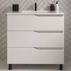 Meuble sous vasque seul, 3 tiroirs, 60cm, simple vasque - blanc mat - MATA