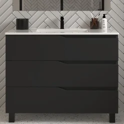 Meuble sous vasque seul, 3 tiroirs, 60cm, simple vasque - noir - MATA