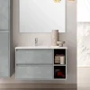 Meuble sous vasque seul, 2 tiroirs et 2 niches, 80cm, vasque déportée à gauche - ciment (gris) - OLYMPE