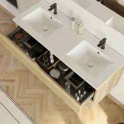 Meuble sous vasque seul, 2 tiroirs, 120cm, double vasque - madera miel (chêne clair) - LUNA